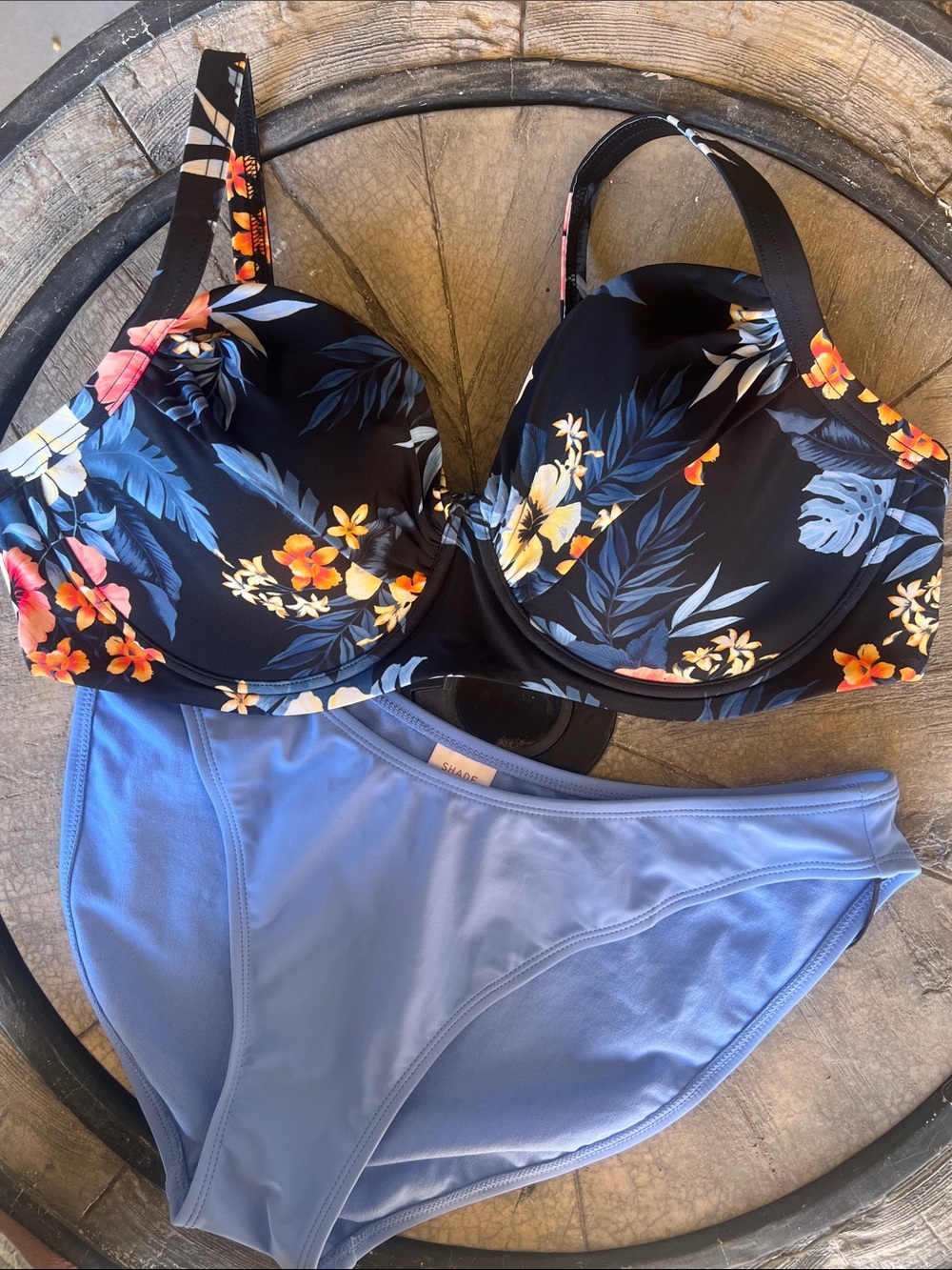 Floral Underwire Bikini Top with Light Blue Bottoms - Black/Blue. B45